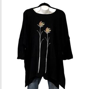 Lauriejo Designs Black Painted Floral Boho Tunic Top Sz L